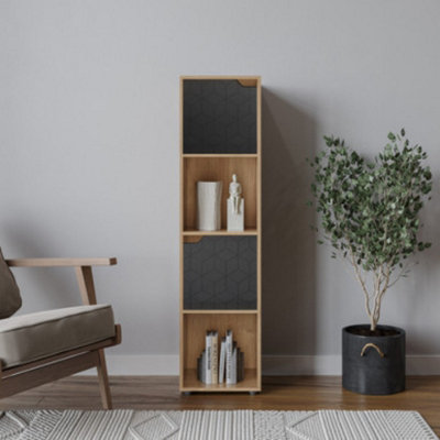 URBNLIVING 119cm Height 4 Cubes Oak Wooden Bookcase Display Shelf Storage Cabinet With Modern Geo Black Door