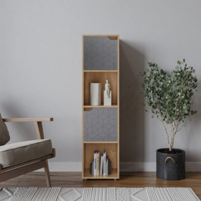 URBNLIVING 119cm Height 4 Cubes Oak Wooden Bookcase Display Shelf Storage Cabinet With Modern Geo Grey Door