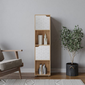 URBNLIVING 119cm Height 4 Cubes Oak Wooden Bookcase Display Shelf Storage Cabinet With Modern Geo White Door