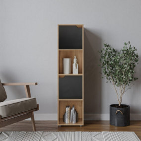 URBNLIVING 119cm Height 4 Cubes Oak Wooden Bookcase Shelving Display Shelf Black Door Storage Unit