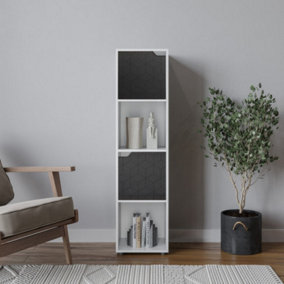 URBNLIVING 119cm Height 4 Cubes White Wooden Bookcase Display Shelf Storage Cabinet With Modern Geo Black Door