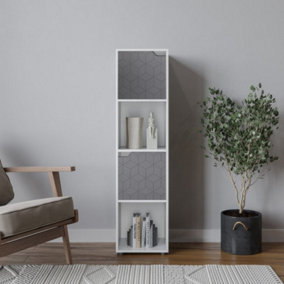 URBNLIVING 119cm Height 4 Cubes White Wooden Bookcase Display Shelf Storage Cabinet With Modern Geo Grey Door
