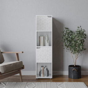 URBNLIVING 119cm Height 4 Cubes White Wooden Bookcase Display Shelf Storage Cabinet With Modern Geo White Door