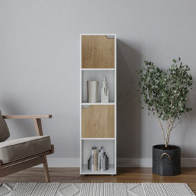 URBNLIVING 119cm Height 4 Cubes White Wooden Bookcase Shelving Display Shelf Oak Door Storage Unit