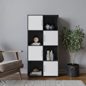 URBNLIVING 119cm Height 8 Cube Bookcase Black Wood White Door Metal Handle Display Storage Shelf