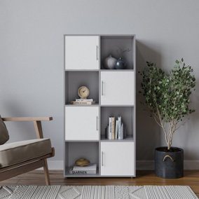 URBNLIVING 119cm Height 8 Cube Bookcase Grey Wood White Door Metal Handle Display Storage Shelf