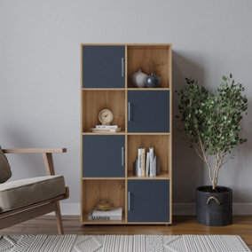 URBNLIVING 119cm Height 8 Cube Bookcase Oak Wood Grey Door Metal Handle Display Storage Shelf