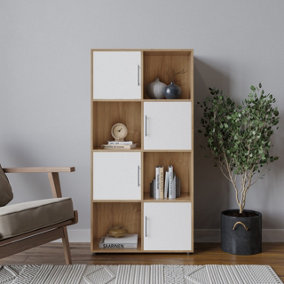 URBNLIVING 119cm Height 8 Cube Bookcase Oak Wood White Door Metal Handle Display Storage Shelf