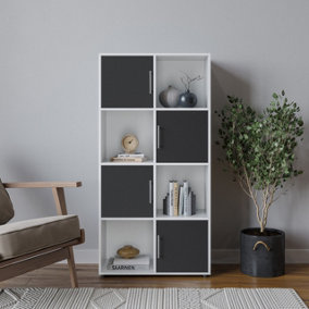 URBNLIVING 119cm Height 8 Cube Bookcase White Wood Black Door Metal Handle Display Storage Shelf