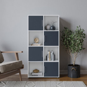 URBNLIVING 119cm Height 8 Cube Bookcase White Wood Grey Door Metal Handle Display Storage Shelf