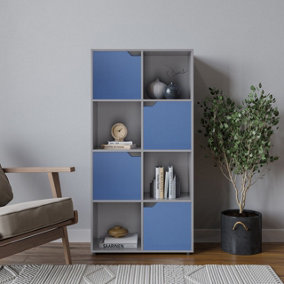 URBNLIVING 119cm Height 8 Cube Grey Bookcase 4 Blue Door Display Shelf Storage Cupboard Living Room Shelving