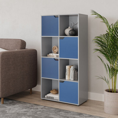 URBNLIVING 119cm Height 8 Cube Grey Bookcase 4 Blue Door Display Shelf Storage Cupboard Living Room Shelving