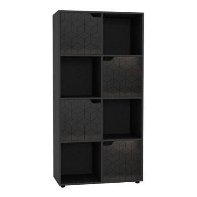 URBNLIVING 119cm Height 8 Cubes Black Wooden Bookcase Display Shelf Storage Cabinet With Modern Geo Black Door