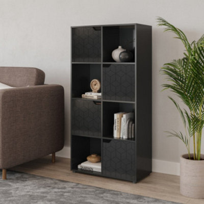 URBNLIVING 119cm Height 8 Cubes Black Wooden Bookcase Display Shelf Storage Cabinet With Modern Geo Black Door - 3