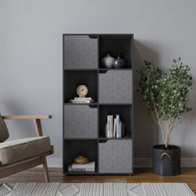 URBNLIVING 119cm Height 8 Cubes Black Wooden Bookcase Display Shelf Storage Cabinet With Modern Geo Grey Door