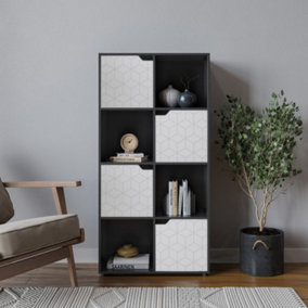 URBNLIVING 119cm Height 8 Cubes Black Wooden Bookcase Display Shelf Storage Cabinet With Modern Geo White Door