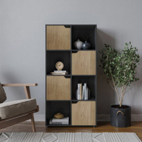URBNLIVING 119cm Height 8 Cubes Black Wooden Bookcase Shelving Display Shelf Oak Door Storage Unit