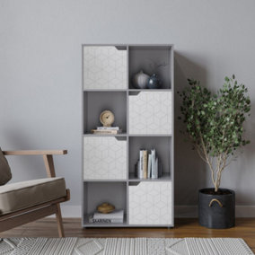 URBNLIVING 119cm Height 8 Cubes Grey Wooden Bookcase Display Shelf Storage Cabinet With Modern Geo White Door