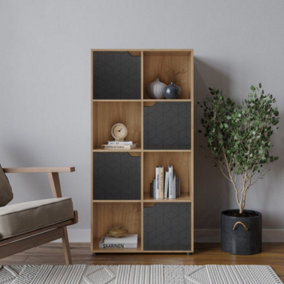 URBNLIVING 119cm Height 8 Cubes Oak Wooden Bookcase Display Shelf Storage Cabinet With Modern Geo Black Door
