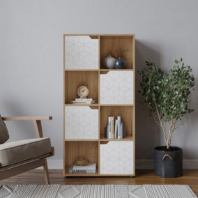 URBNLIVING 119cm Height 8 Cubes Oak Wooden Bookcase Display Shelf Storage Cabinet With Modern Geo White Door