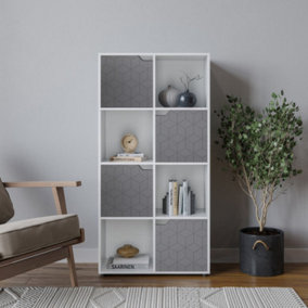 URBNLIVING 119cm Height 8 Cubes White Wooden Bookcase Display Shelf Storage Cabinet With Modern Geo Grey Door