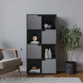 URBNLIVING 119cm Height Black Wooden Cube Bookcase with Grey Line Door Display Shelf Storage Shelving Cupboard