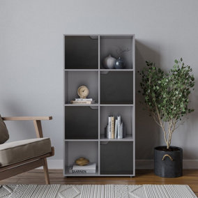 URBNLIVING 119cm Height Grey 8 Cube Bookcase Shelving Display Shelf Storage Unit Black Wooden Door