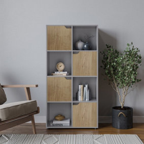 URBNLIVING 119cm Height Grey 8 Cube Bookcase Shelving Display Shelf Storage Unit Oak Wooden Door