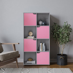 URBNLIVING 119cm Height Grey 8 Cube Bookcase Shelving Display Shelf Storage Unit Pink Wooden Door