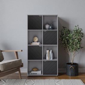 URBNLIVING 119cm Height Grey Wooden Cube Bookcase with Black Line Door Display Shelf Storage Shelving Cupboard
