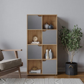 URBNLIVING 119cm Height Oak 8 Cube Bookcase Shelving Display Shelf Storage Grey Wooden Door