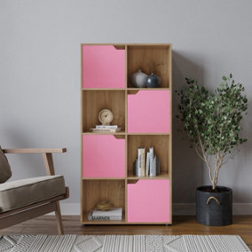 URBNLIVING 119cm Height Oak 8 Cube Bookcase Shelving Display Shelf Storage Unit Pink Wooden Door