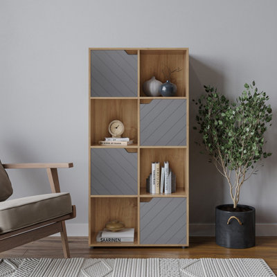 URBNLIVING 119cm Height Oak Wooden 8 Cube Bookcase with Grey Line Door Display Shelf Storage Shelving Cupboard Unit