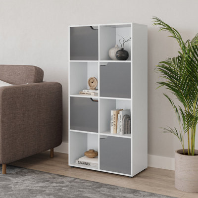 URBNLIVING 119cm Height White 8 Cube Bookcase Shelving Display Shelf Storage Unit Grey Wooden Door Organiser