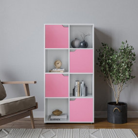 URBNLIVING 119cm Height White 8 Cube Bookcase Shelving Display Shelf Storage Unit Pink Wooden Door Organiser