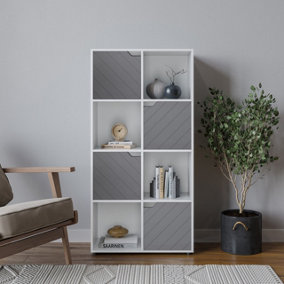 URBNLIVING 119cm Height White Wooden Cube Bookcase with Grey Line Door Display Shelf Storage Shelving Cupboard
