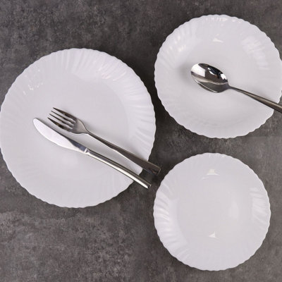 URBNLIVING 12 Pcs White Opal Glass Dinner Plates Soup Bowls Wavy Dinnerware Set