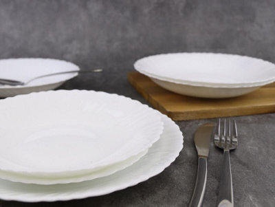 URBNLIVING 12 Pcs White Opal Glass Dinner Plates Soup Bowls Wavy Dinnerware Set - 3