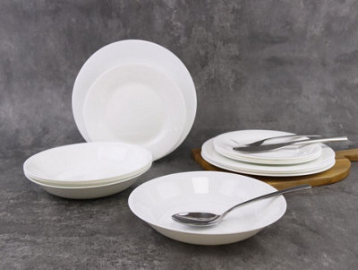 URBNLIVING 12 Pcs White Round Opal Glass Dinner Plates Soup Bowls Dinnerware Set