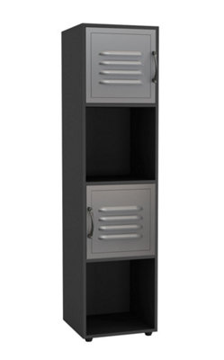 URBNLIVING 120cm 4 Cube Black Bookcase with 2 Grey Metal Door Display Storage Unit Shelving Cupboard