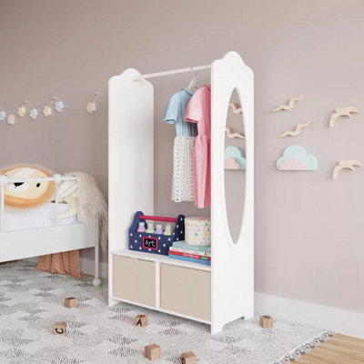 URBNLIVING 120cm Height Kids White Wooden Hanging Clothes Rail Beige Wardrobe Storage Shelves with Mirror