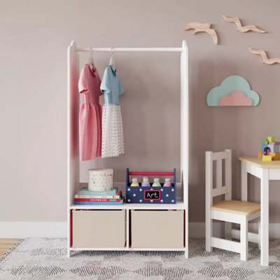 URBNLIVING 120cm Height Kids White Wooden Hanging Clothes Rail Beige Wardrobe Storage Shelves with Mirror