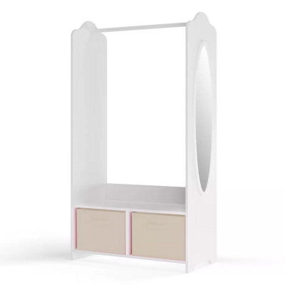 URBNLIVING 120cm Height Kids White Wooden Hanging Clothes Rail Beige Wardrobe Storage Shelves with Mirror - 3