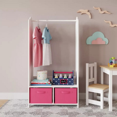 URBNLIVING 120cm Height Kids White Wooden Hanging Clothes Rail Dark Pink Wardrobe Storage Shelves with Mirror