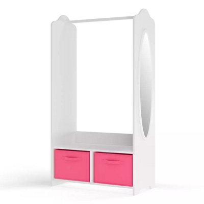 URBNLIVING 120cm Height Kids White Wooden Hanging Clothes Rail Dark Pink Wardrobe Storage Shelves with Mirror - 3
