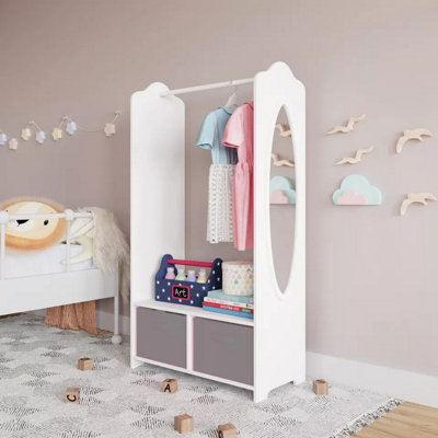 URBNLIVING 120cm Height Kids White Wooden Hanging Clothes Rail Grey Wardrobe Storage Shelves with Mirror
