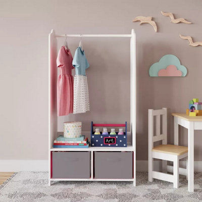 URBNLIVING 120cm Height Kids White Wooden Hanging Clothes Rail Grey Wardrobe Storage Shelves with Mirror