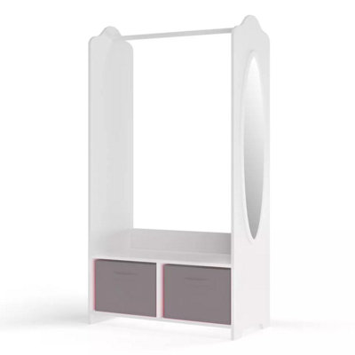 URBNLIVING 120cm Height Kids White Wooden Hanging Clothes Rail Grey Wardrobe Storage Shelves with Mirror - 3