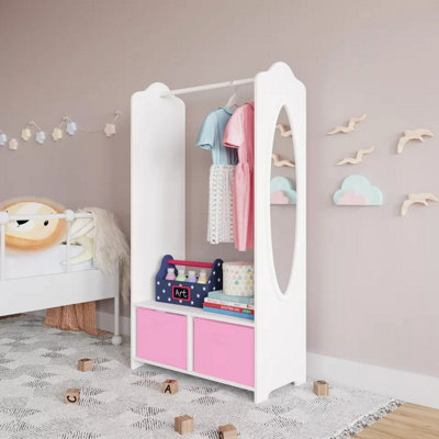 URBNLIVING 120cm Height Kids White Wooden Hanging Clothes Rail Light Pink Wardrobe Storage Shelves with Mirror