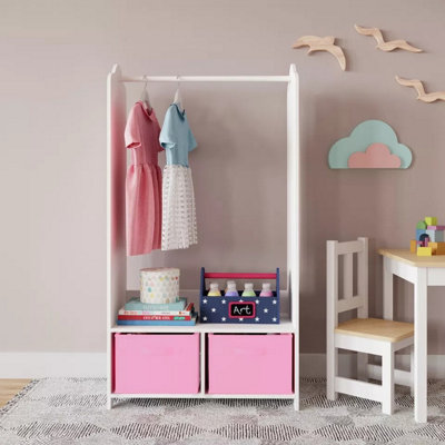 URBNLIVING 120cm Height Kids White Wooden Hanging Clothes Rail Light Pink Wardrobe Storage Shelves with Mirror